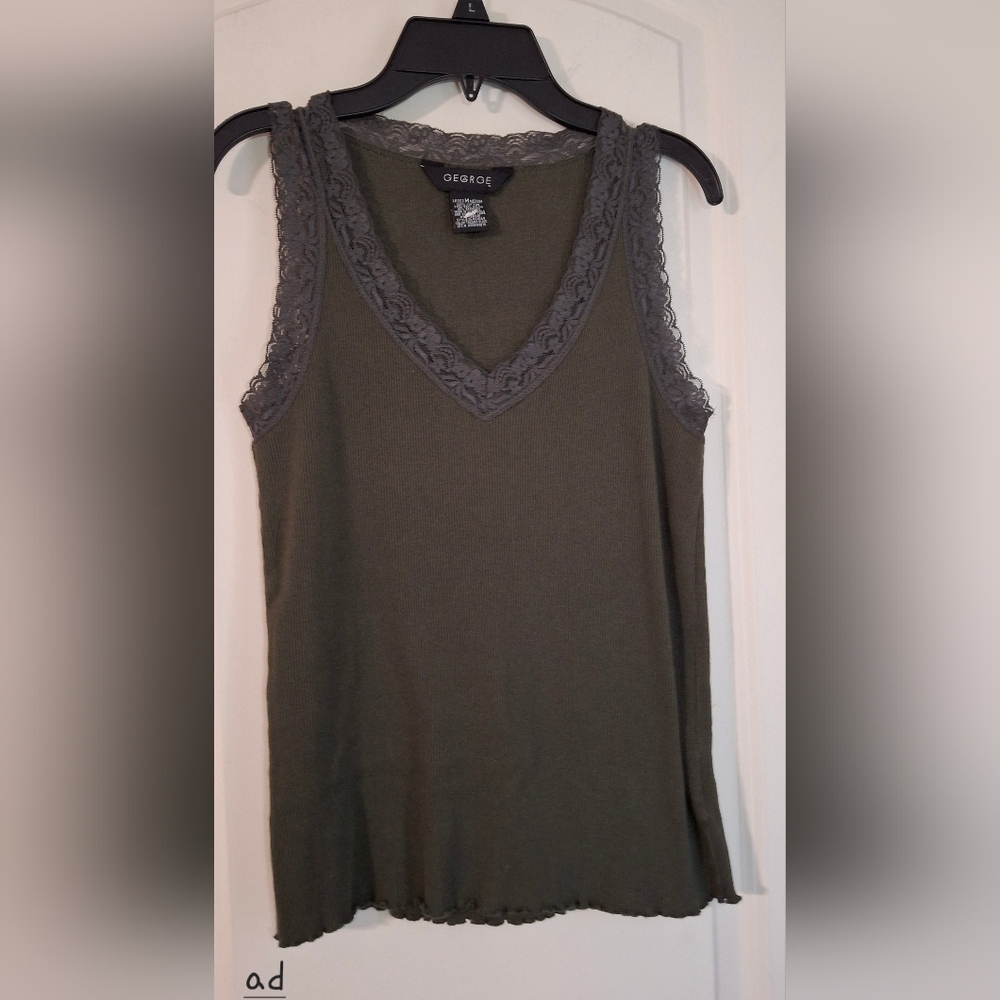 Women’s George Black Cotton Ribbed Lace-Detail Tank Sz M Boho Westeen Summer